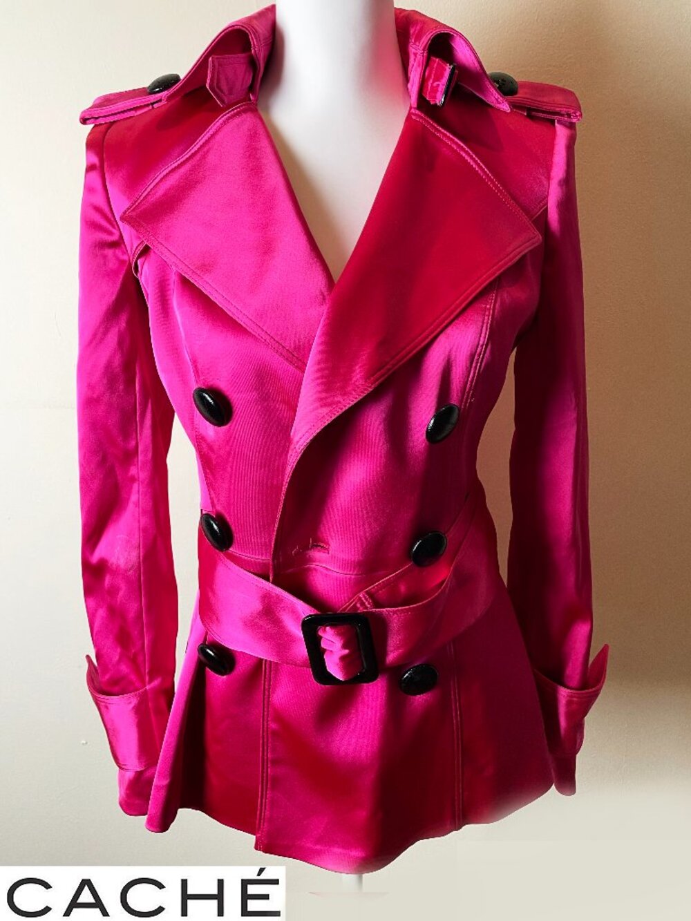 Cache Vintage Hot Pink Women's Double-Breasted Trench Coat/Jacket w/belt Size XS
